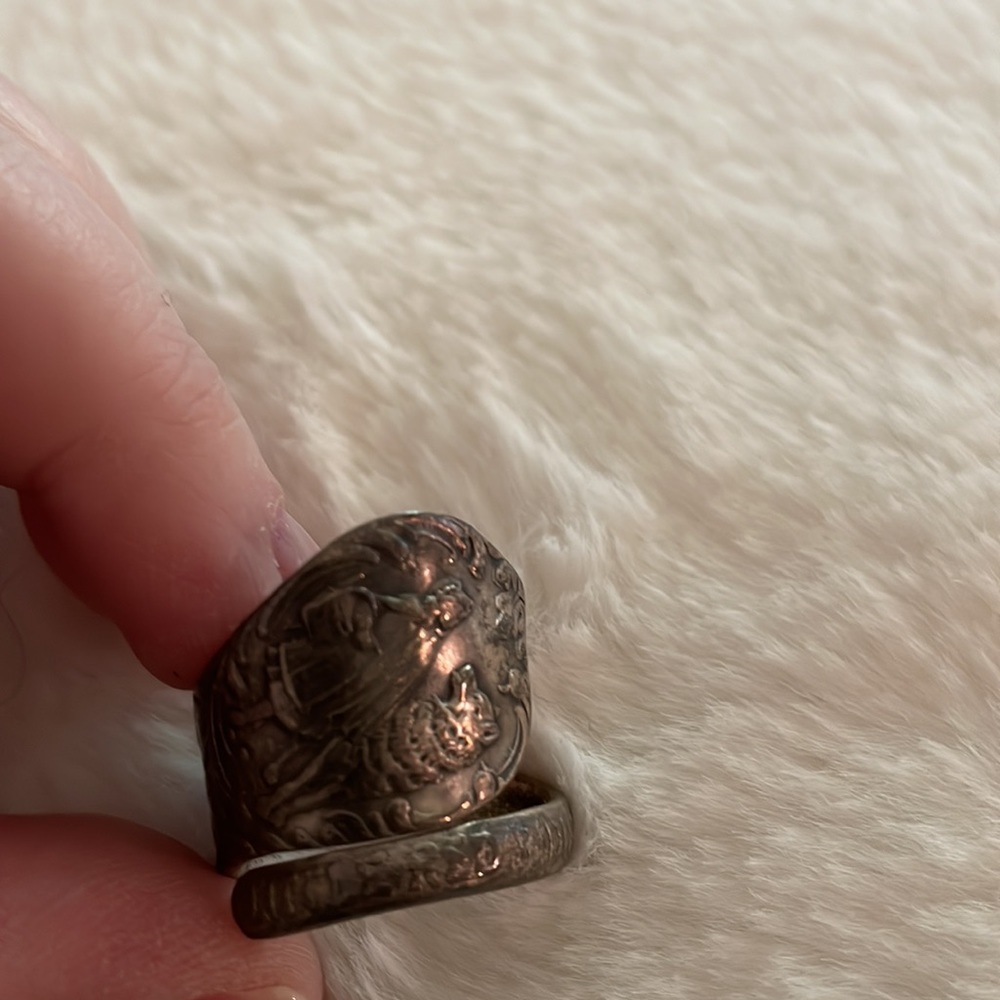 Little red riding hood spoon ring with patina